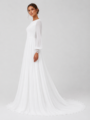 Elegant Boat Neck Long Sleeve Chiffon A-Line Wedding Dress with Lace Trimmed V-Back and Chapel Train