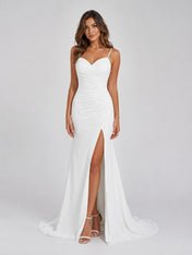 Elegant Sweetheart Ruched Satin Sheath Wedding Dress with High Slit and Sweep Train