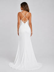 Elegant Sweetheart Ruched Satin Sheath Wedding Dress with High Slit and Sweep Train