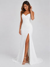 Elegant Sweetheart Ruched Satin Sheath Wedding Dress with High Slit and Sweep Train