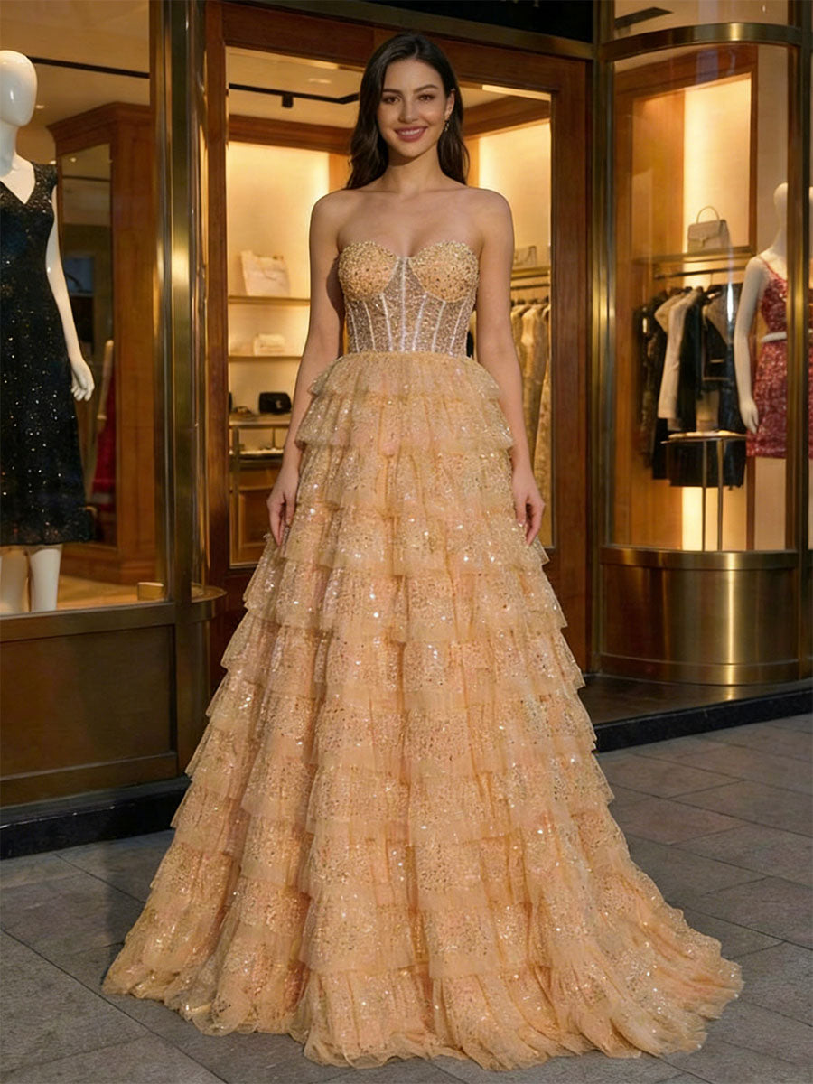 Glamorous Champagne Tiered Ruffle Corset Prom Dress