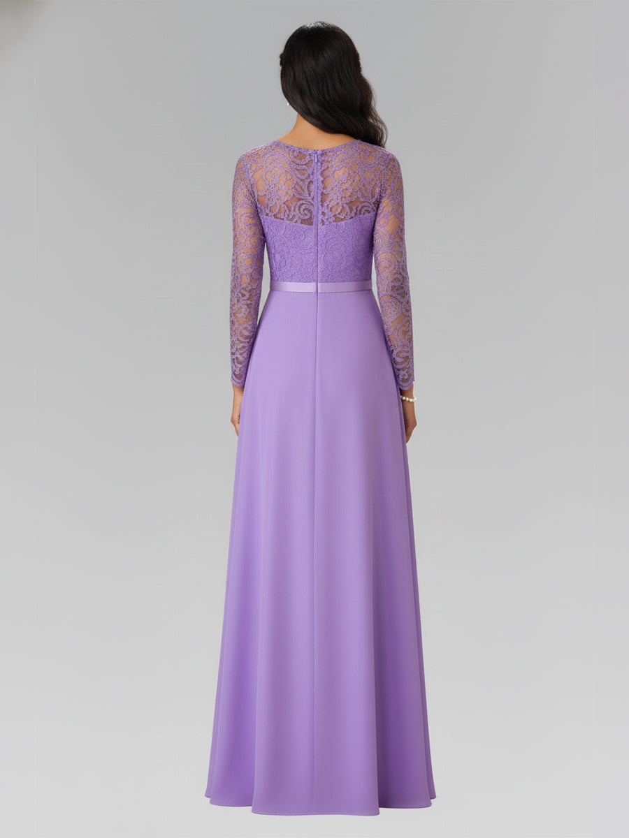Elegant A-Line Long Lace Sleeves Gown with Beaded Waist