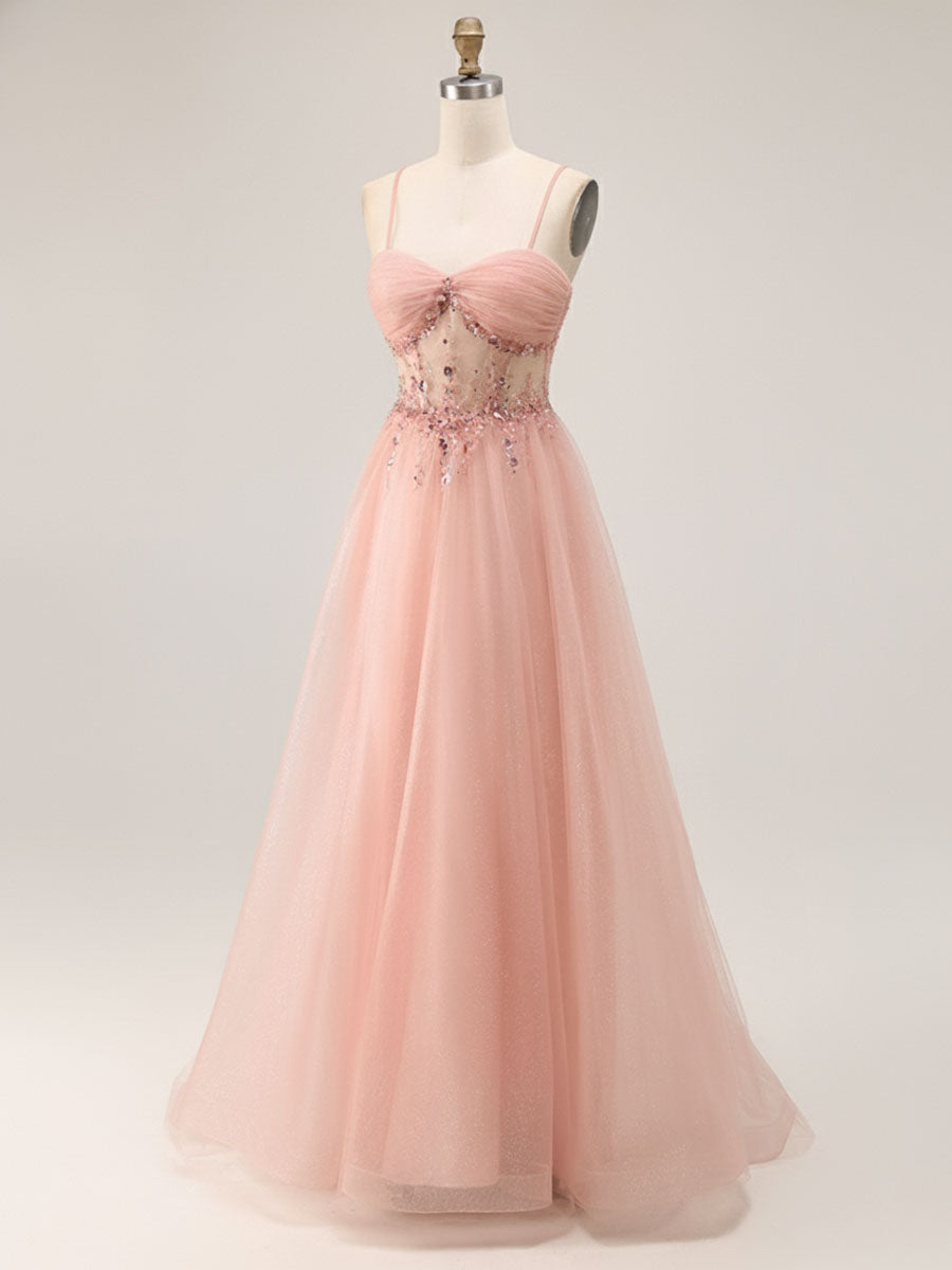 Light Pink Glitter Beaded Tulle Corset Long Porm Dress