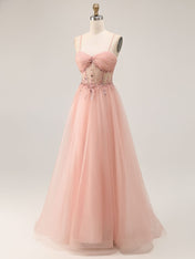 Light Pink Glitter Beaded Tulle Corset Long Porm Dress