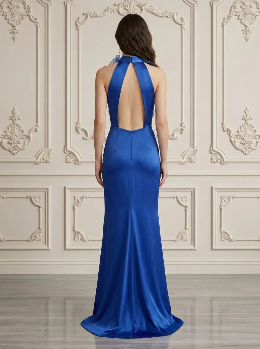 Royal Blue Halter Ruffle Plunge Evening Dress with Slit