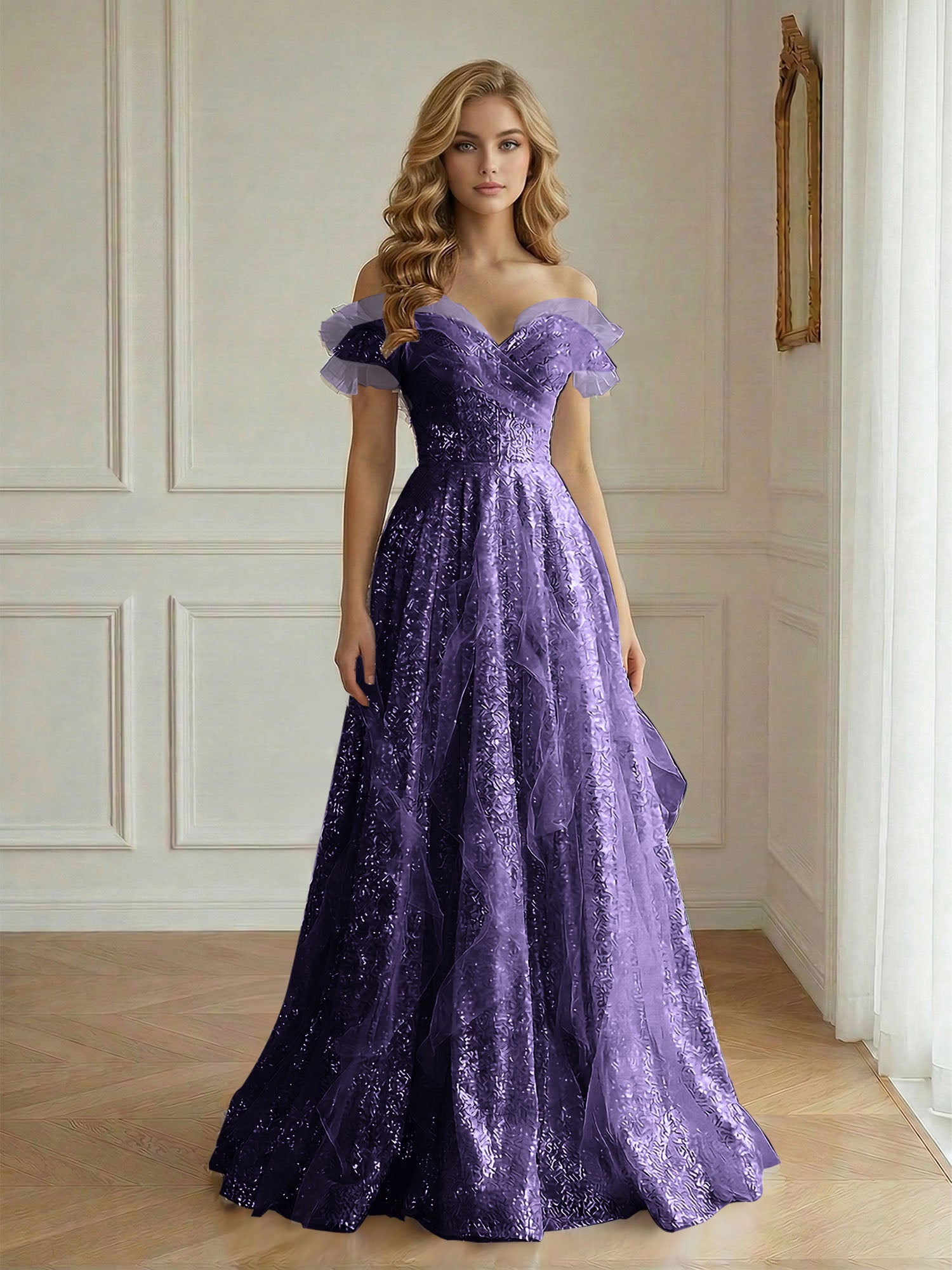 Off-the-Shoulder Sequin Tulle A-Line Gown with Ruffle Accents Prom Dress