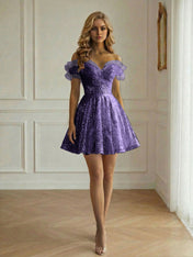 Off-the-Shoulder Lace-Up Back Iridescent Tulle Party Dress Homecoming Dress
