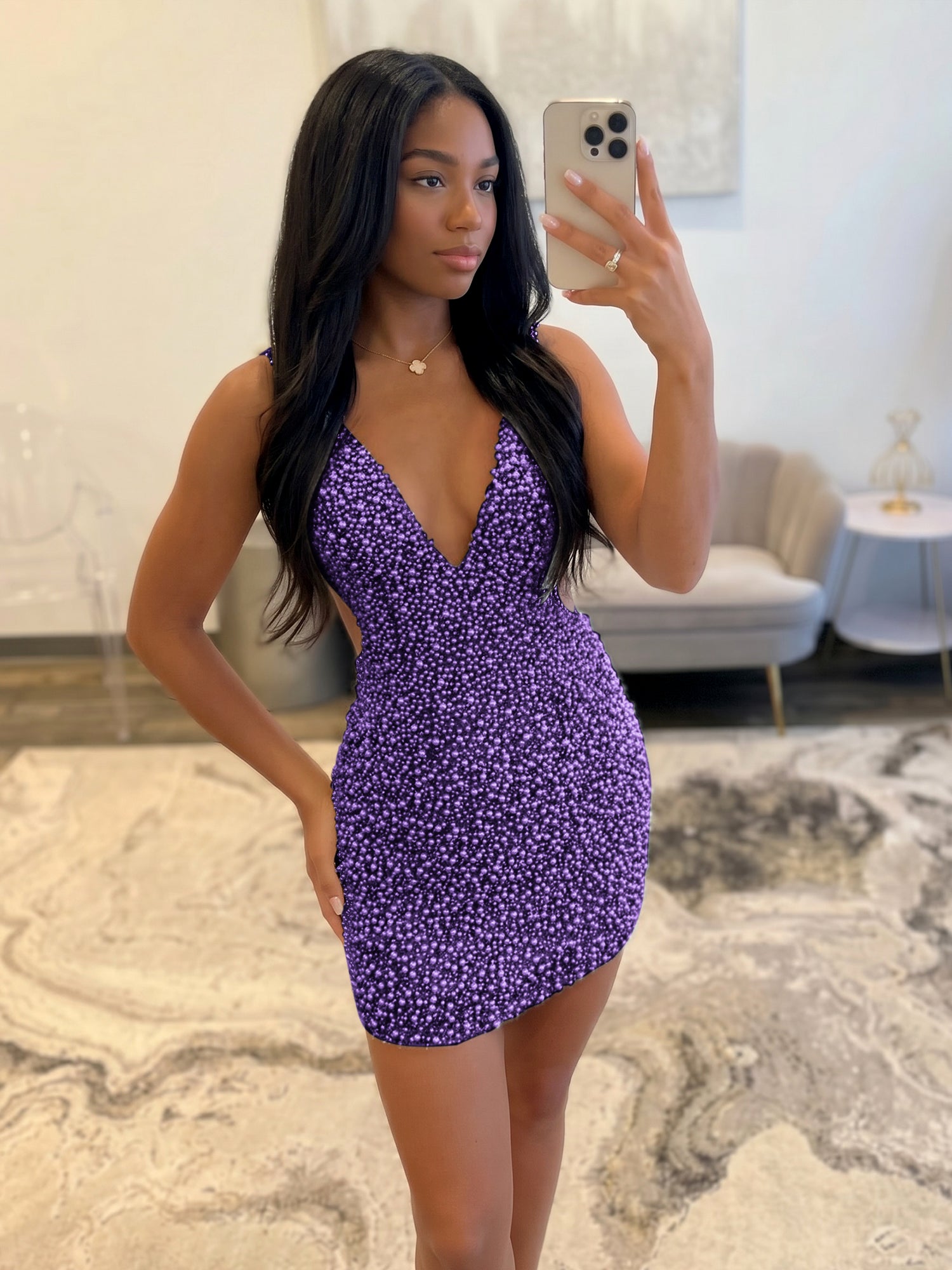 White V Neck Pearl Embellished Short Homecoming Dresses