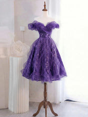 Whimsical Lavender Glitter Tulle Off-the-Shoulder Mini Homecoming Dress