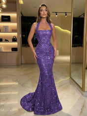Gold Sequin Halter Mermaid Prom Dress with Ruched Waist