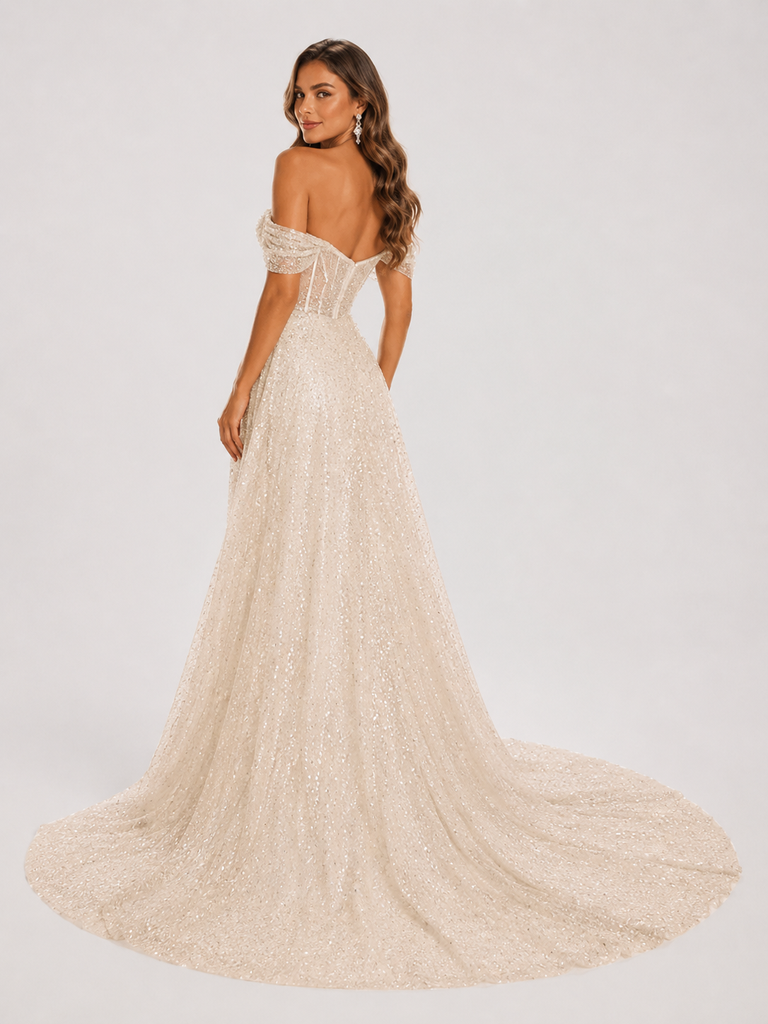 Elegant Off-the-Shoulder Sparkly Sequin Sheath Wedding Dress with Chapel Train