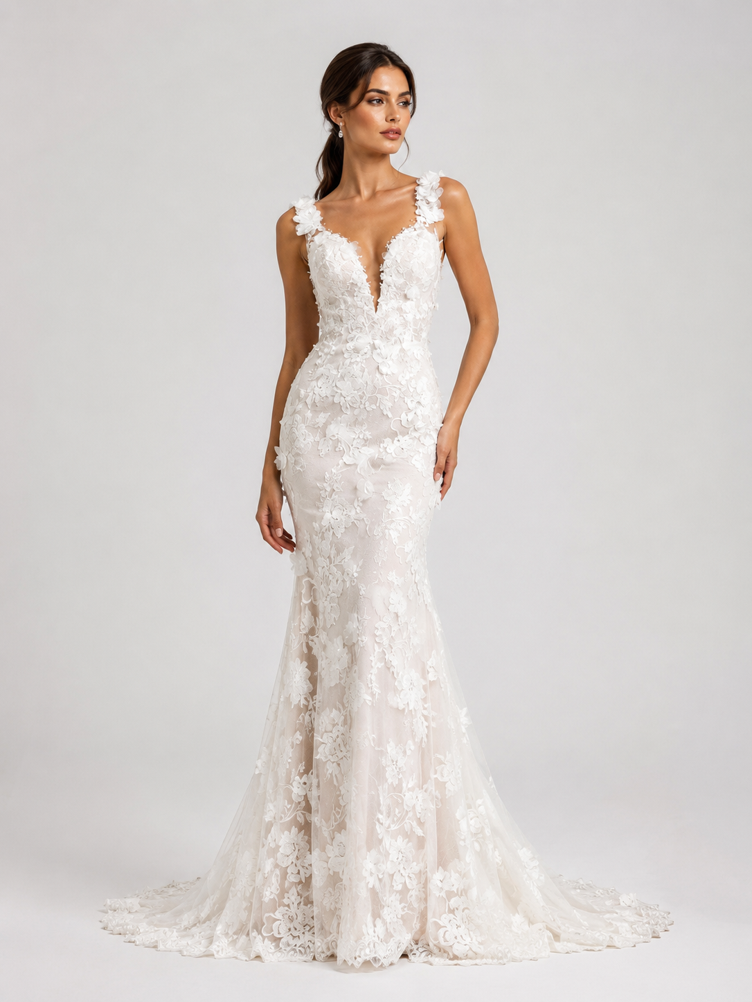 Elegant Floral Applique Deep V-Neck Mermaid Wedding Dress with Chapel Train