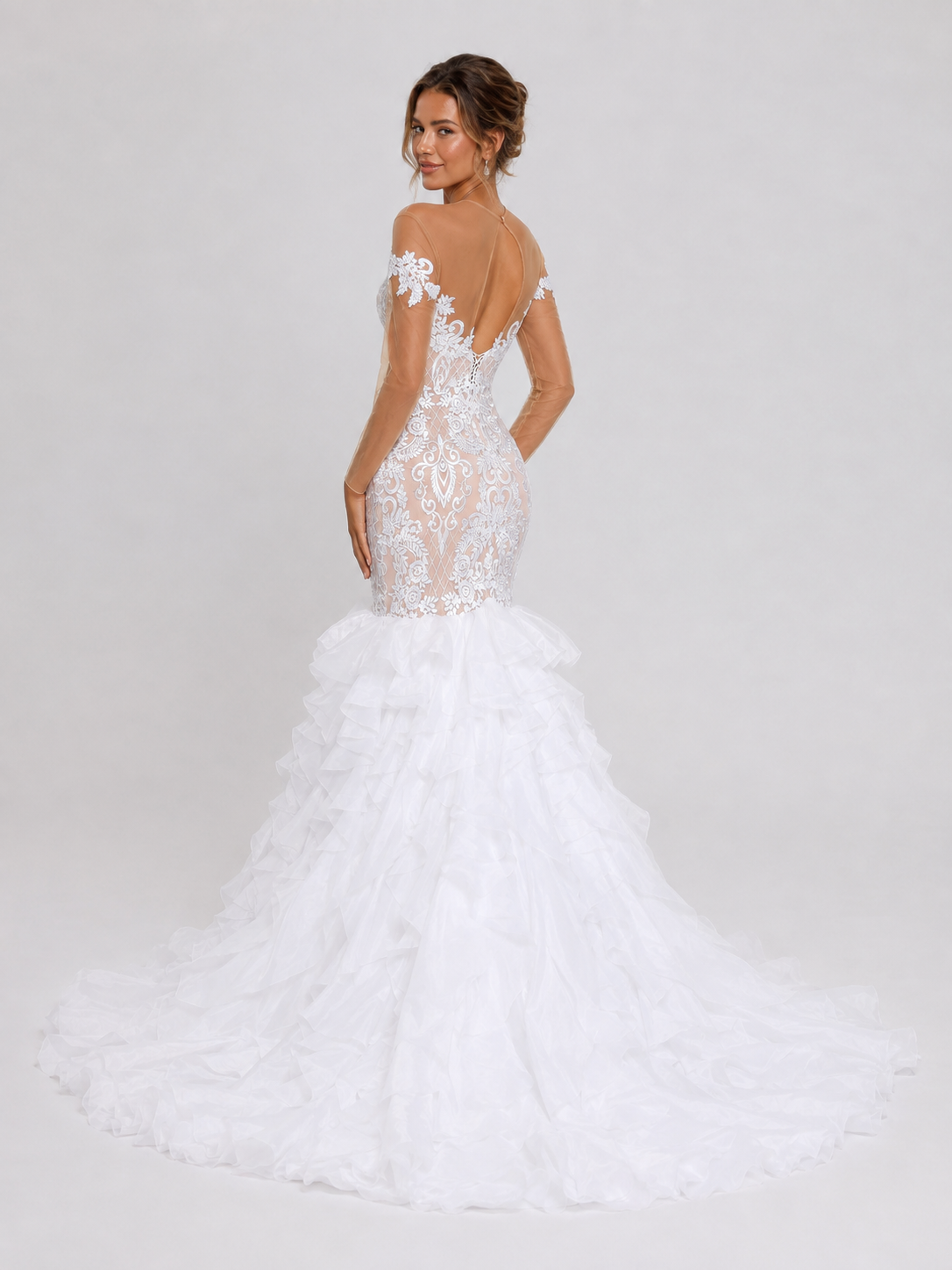 Elegant Illusion Long-Sleeve Lace Applique Mermaid Wedding Dress with Ruffled Tiered Sweep Train