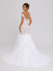 Elegant Illusion Long-Sleeve Lace Applique Mermaid Wedding Dress with Ruffled Tiered Sweep Train