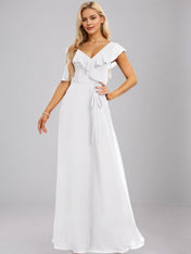 White A-Line Asymmetrical Floor-Length Chiffon Bridesmaid Dress With Ruffle