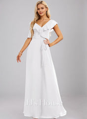 White A-Line Asymmetrical Floor-Length Chiffon Bridesmaid Dress With Ruffle