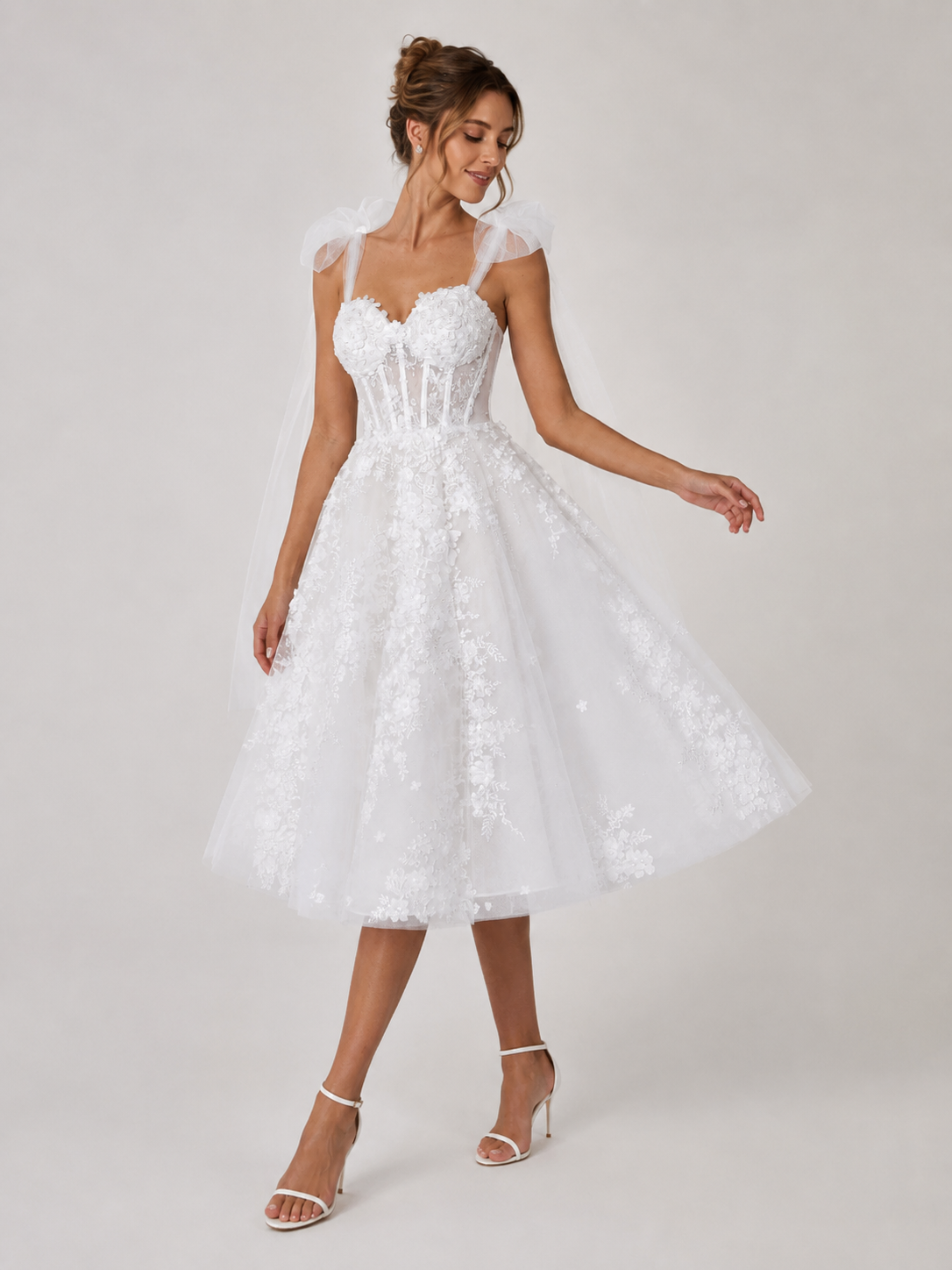 Elegant Sweetheart Lace Applique A-Line Midi Wedding Dress with Detachable Bow Straps