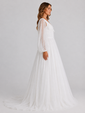 Elegant V-Neck Corset Tulle A-Line Wedding Dress with Long Bishop Sleeves and Chapel Train
