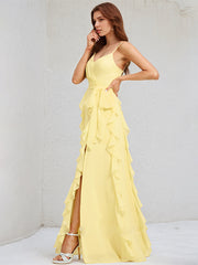 A Line Yellow Chiffon Spaghetti Straps Sleeveless Floor Length Dress With Ruffles