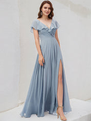 Dusty Blue A-Line V-Neck Floor-Length Chiffon Bridesmaid Dress
