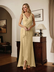 A-Line V-Neck Ruched Metallic Mesh Dress