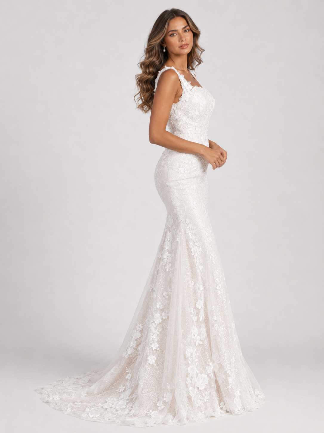 Elegant Square Neck Lace Sheath/Column Wedding Dress with Covered Buttons and Sweep Train
