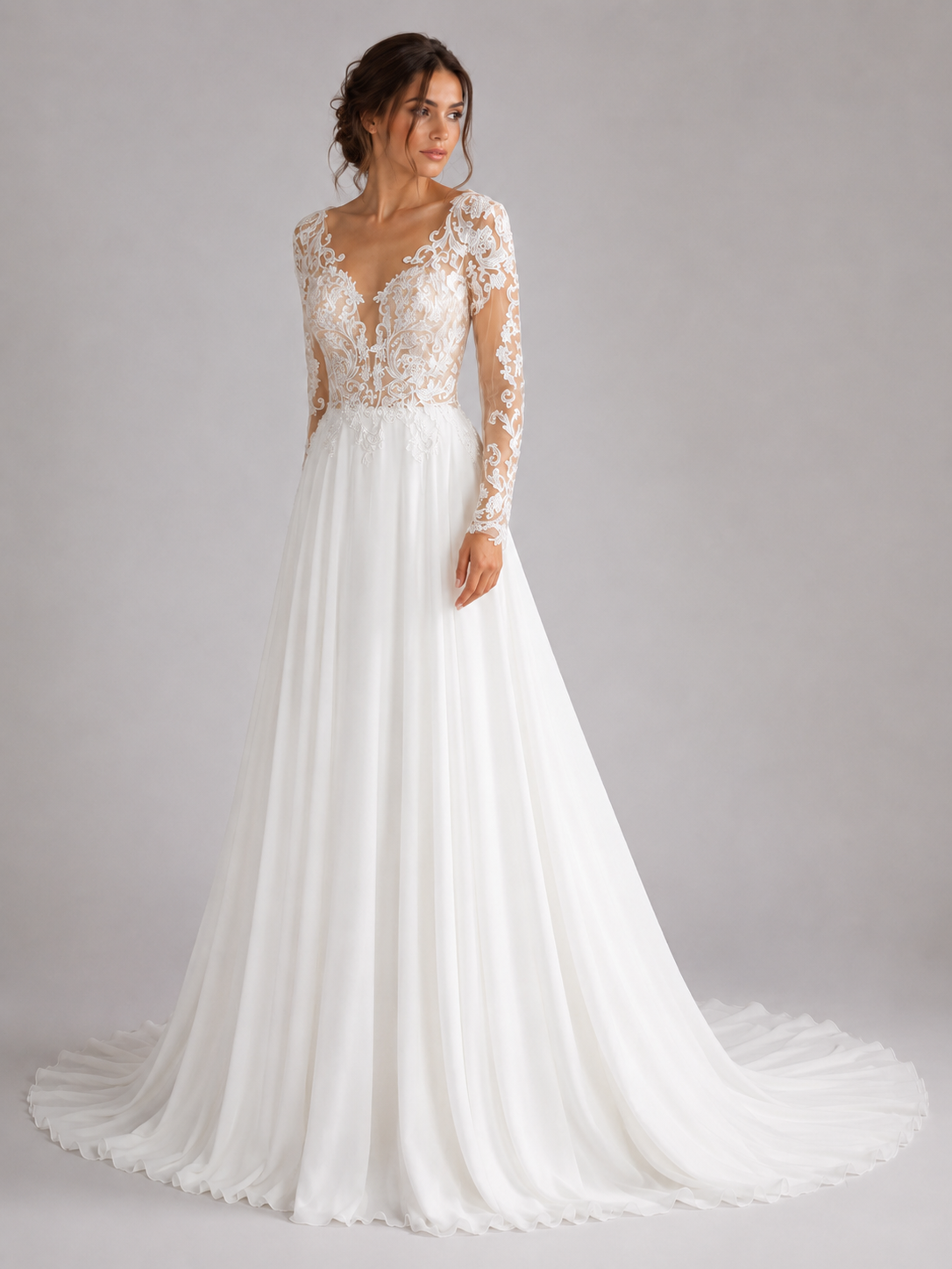 Elegant Long Sleeve Lace Illusion Chiffon A-Line Wedding Dress with Chapel Train