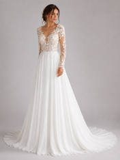 Elegant Long Sleeve Lace Illusion Chiffon A-Line Wedding Dress with Chapel Train