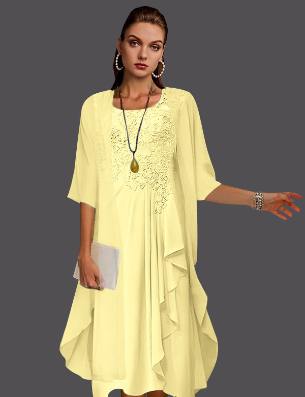 Two Piece A-Line Chiffon Lace Sleeveless Jacket Dresses with Pleats Appliques