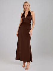 Moca Coco Sheath/Column Satin V Neck Sleeveless Ankle Length Dress