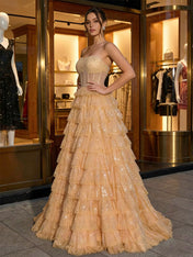 Champagne Strapless Tiered Ruffle Corset Long Prom Dress