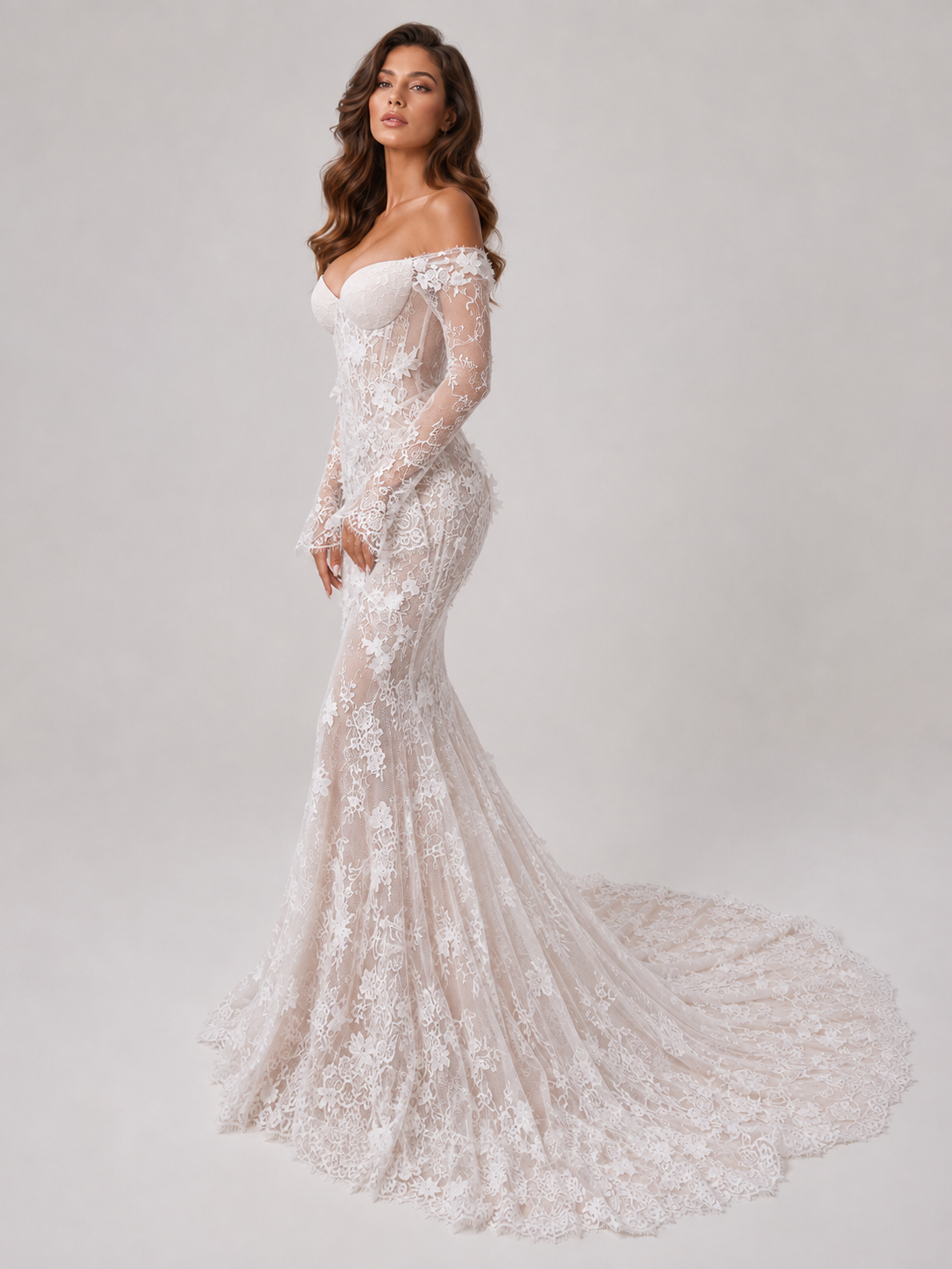 Elegant Off-the-Shoulder Long-Sleeve Lace Applique Mermaid Wedding Dress with Chapel Train