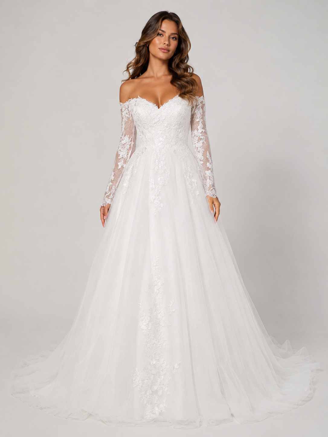 Elegant Off-the-Shoulder Long Sleeve Lace Applique A-Line Wedding Dress with Chapel Train