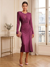 Dusty Rose Long Sleeve Ruched Midi Dress Formal Evening Gown