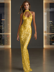 Glamorous Gold Sequin Halter Neck Mermaid Long Prom Dress