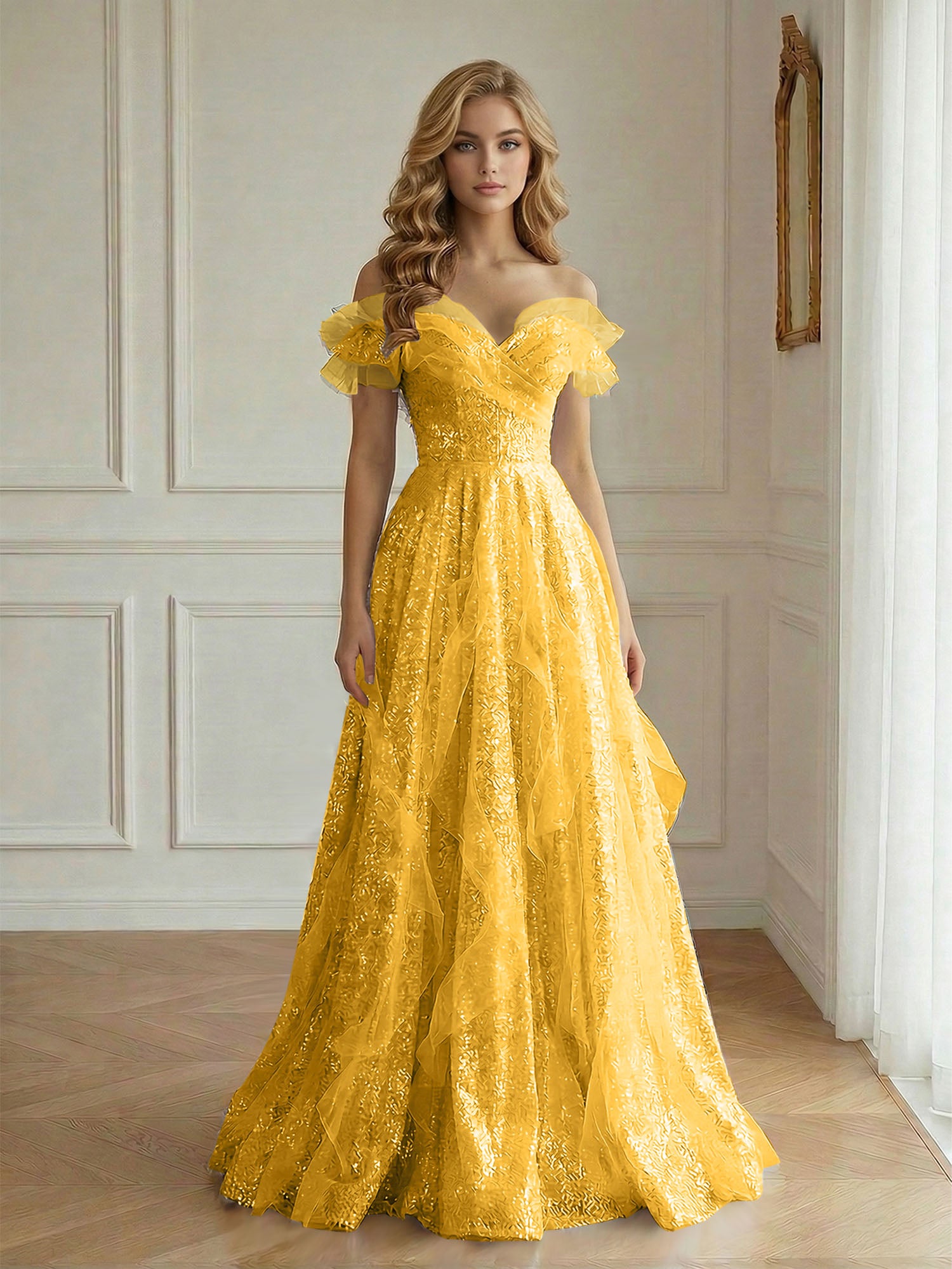 Off-the-Shoulder Sequin Tulle A-Line Gown with Ruffle Accents Prom Dress