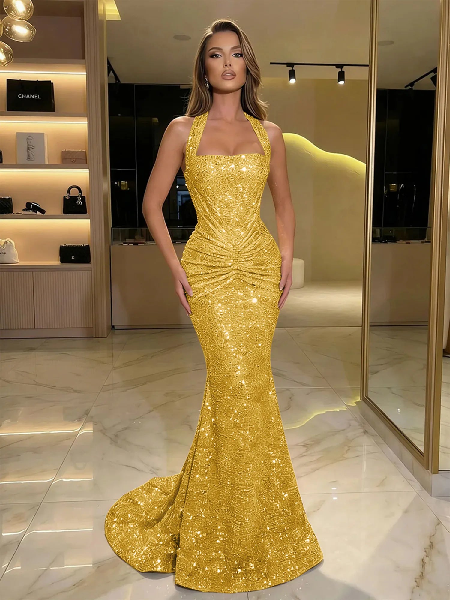 Gold Sequin Halter Mermaid Prom Dress with Ruched Waist