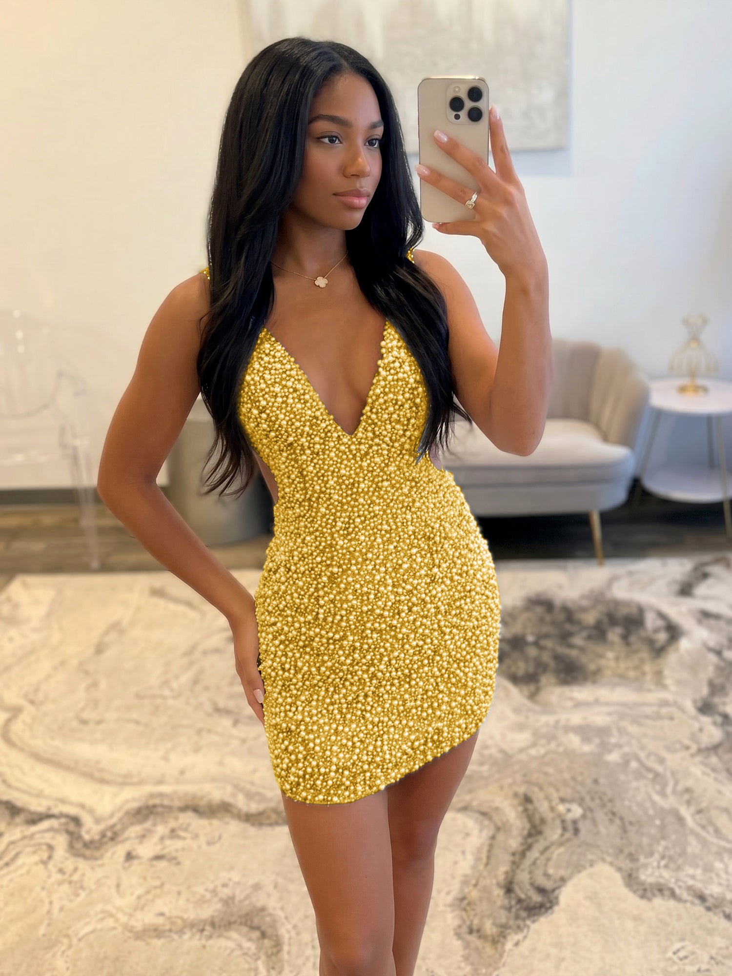 White V Neck Pearl Embellished Short Homecoming Dresses