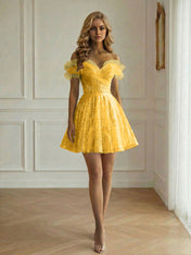 Off-the-Shoulder Lace-Up Back Iridescent Tulle Party Dress Homecoming Dress