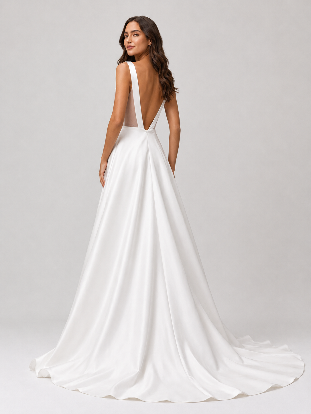 Elegant Scoop Neck Satin A-Line Wedding Dress with Pockets and Chapel Train