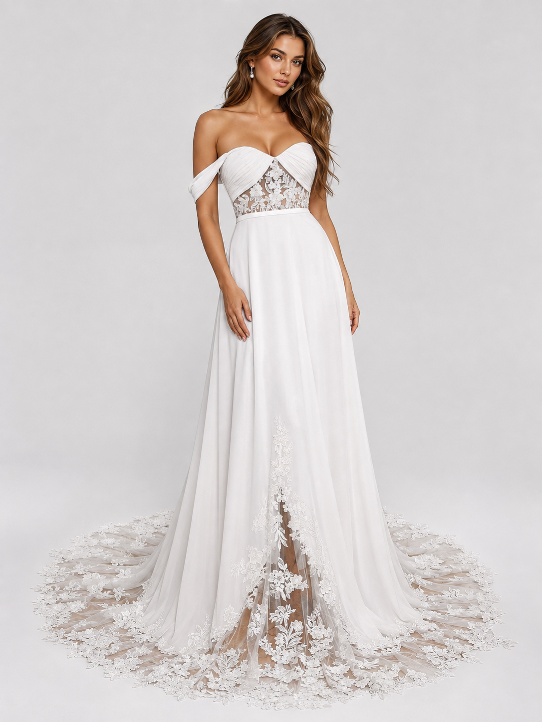 Elegant Off-the-Shoulder Lace Applique Chiffon A-Line Wedding Dress with Chapel Train