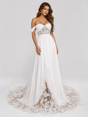 Elegant Off-the-Shoulder Lace Applique Chiffon A-Line Wedding Dress with Chapel Train