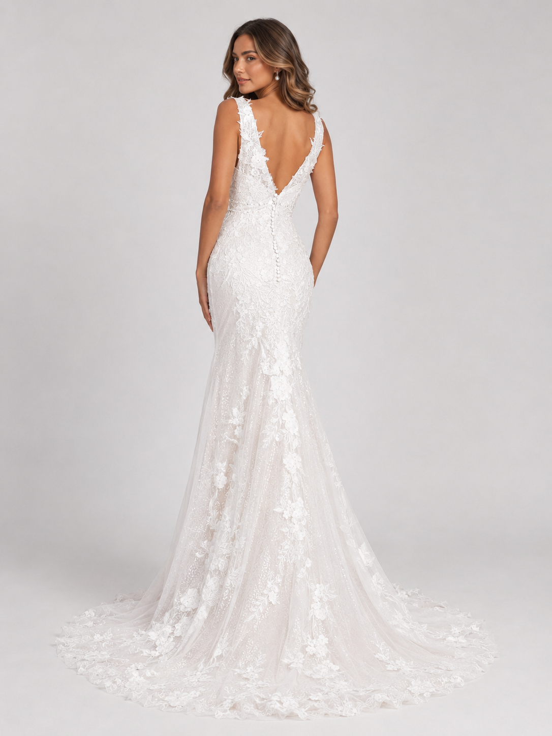 Elegant Square Neck Lace Sheath/Column Wedding Dress with Covered Buttons and Sweep Train