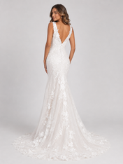 Elegant Square Neck Lace Sheath/Column Wedding Dress with Covered Buttons and Sweep Train