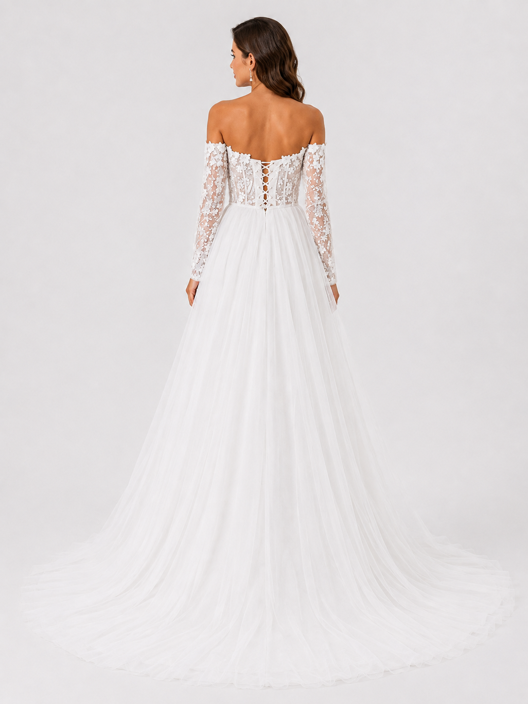 Elegant Off-the-Shoulder Lace Applique Tulle A-Line Wedding Dress with Chapel Train