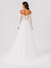 Elegant Off-the-Shoulder Lace Applique Tulle A-Line Wedding Dress with Chapel Train