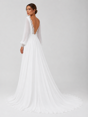 Elegant Boat Neck Long Sleeve Chiffon A-Line Wedding Dress with Lace Trimmed V-Back and Chapel Train