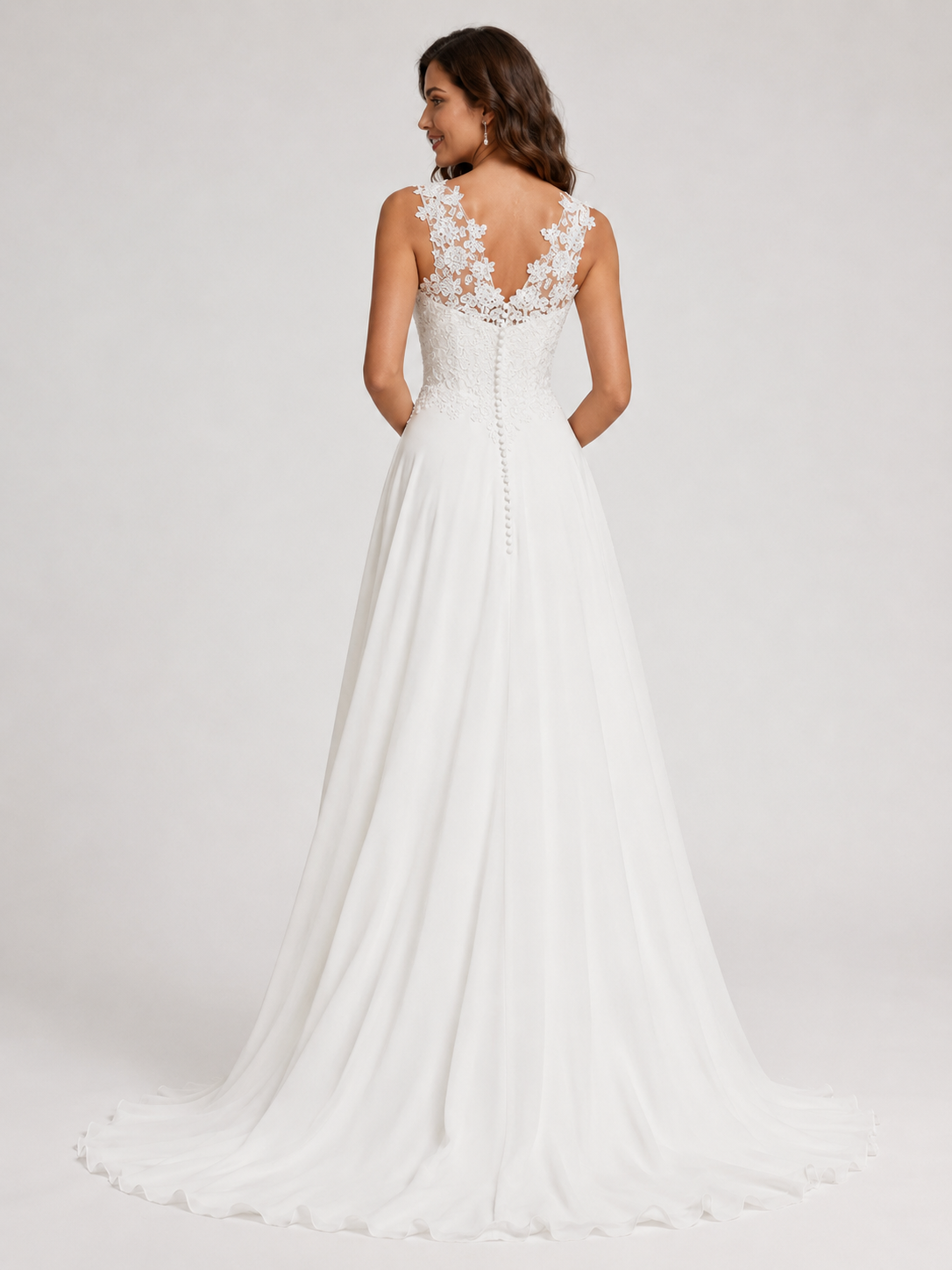 Elegant Lace Applique V-Neck Chiffon A-Line Wedding Dress with Chapel Train