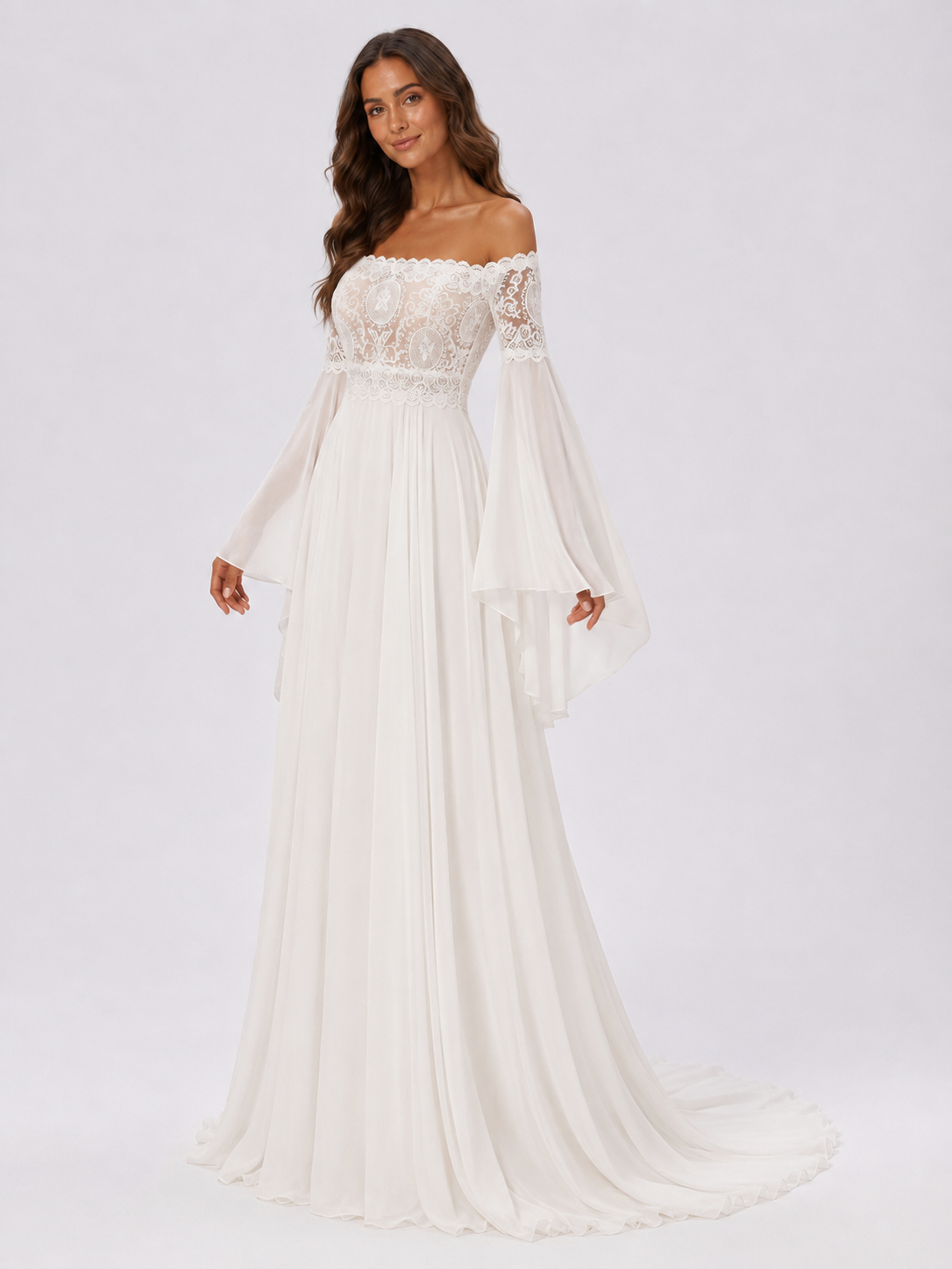 Elegant Lace Applique Chiffon A-Line Wedding Dress with Sweep Train