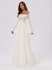 Elegant Lace Applique Chiffon A-Line Wedding Dress with Sweep Train